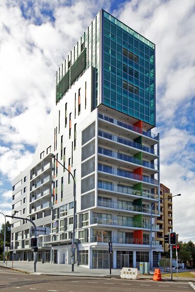 ConceptSystem 59Pa Windows, BriseSoleil 100 Solar Shading, ConceptSystem 59Pa Doors, ConceptWall 50 Façades and CP 50 Sliding & Folding - Apartmentcomplex Albert Street Apartments located in North Parramatta, Australia