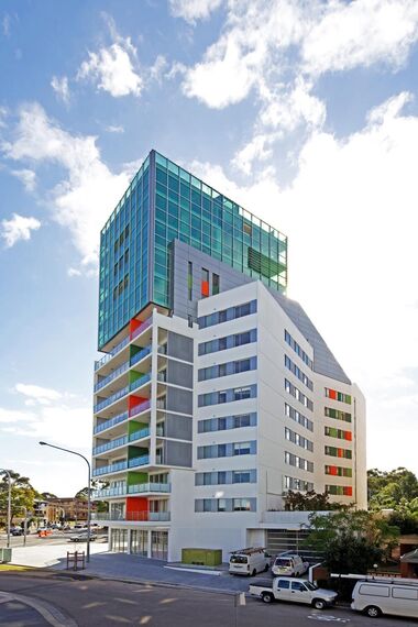 ConceptSystem 59Pa Windows, BriseSoleil 100 Solar Shading, ConceptSystem 59Pa Doors, ConceptWall 50 Façades and CP 50 Sliding & Folding - Apartmentcomplex Albert Street Apartments located in North Parramatta, Australia