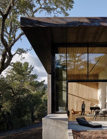 Modern concrete villa in forest.